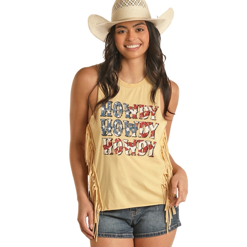 Rock and Roll Denim Women's Howdy Fringe Graphic Tank Size L
